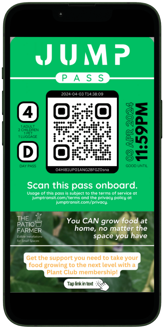 A JUMP ticket with a QR code displayed on a phone