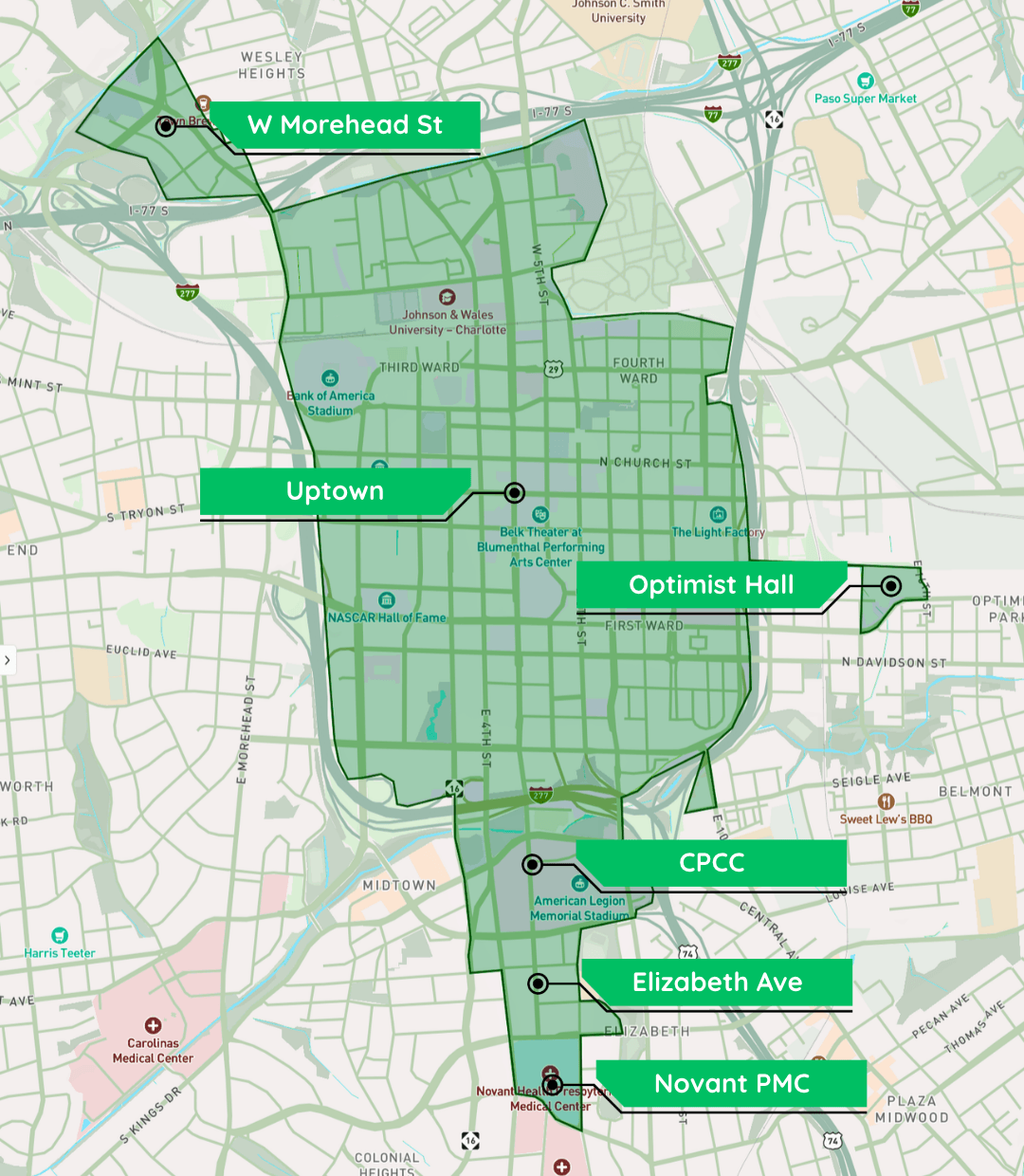 Map of the JUMP Uptown service area in Charlotte covering Uptown, with extensions to W Morehead St, Optimist Hall, CPCC, Elizabeth Ave, and Novant Health Presbyterian Medical Center